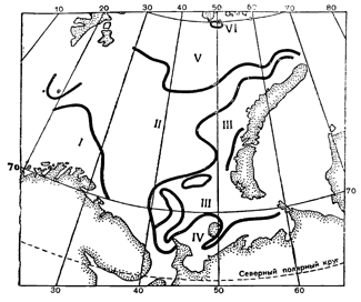 Рисунок 126. Донные биоценозы Баренцова моря: I — юго-западные; II — центрально-баренцовоморские, III —восточные средних глубин; IV— восточные прибрежные; V — северные глубинные; VI — северные мелководные.