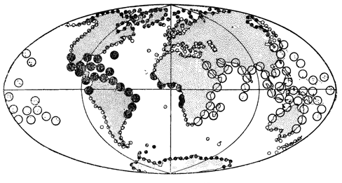 Рисунок 132. Биогеографическое районирование Мирового океана (по Экману). Большие кружки обозначают тепловодную фауну (пустые — индо-вест-пацифическую, сплошные — тропическую американскую, полукруги — западноафриканскую); маленькие — фауну умеренных (пустые) и холодных (сплошные) зон.