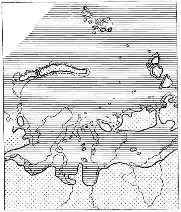 Рисунок 181. Карта периода наибольшего наступания моря на сушу в четвертичное время (по Саксу).