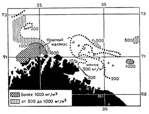 Рисунок 200. Распределение биомассы планктона в южной части Баренцева моря в июне 1938 г. Район массового развития гребневиков показан по Б. Мантейфелю.