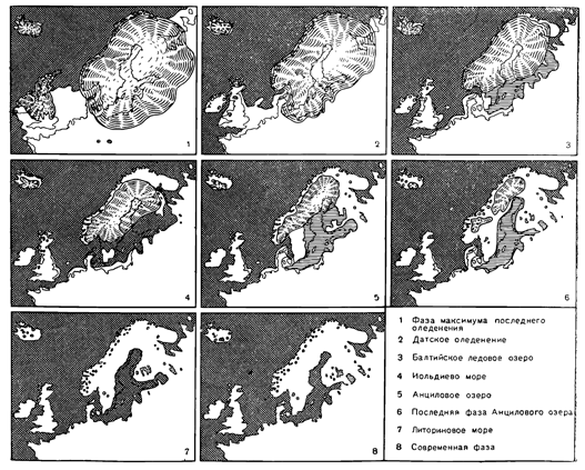 Рисунок 225. Геологическая история Балтийского моря в четвертичное время.
