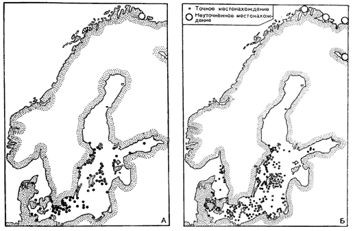 Рисунок 229. Ареалы червя Halicryptus Spinulosus (А) и ракообразного Pontoporeia femorata (Б) в Балтийском море.