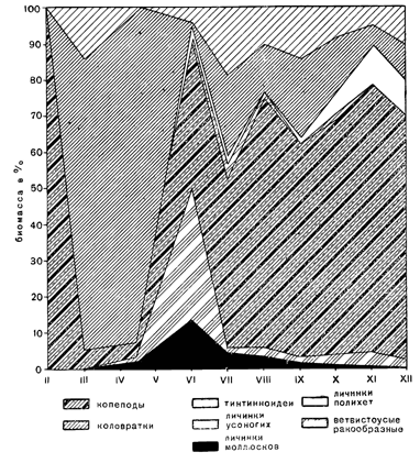 Рисунок 262. Сезонные изменения биомассы основных групп планктона Азовского моря в %.