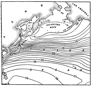 Рисунок 284. Температура поверхностных вод зимой в Японском, Охотском и Беринговом морях.