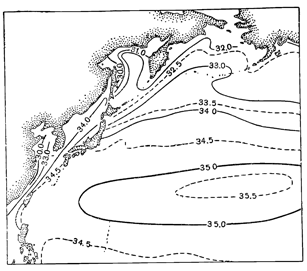 Рисунок 286. Поверхностная солёность дальневосточных морей в ‰