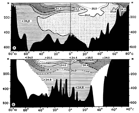 Рисунок 43. Распределение солёности на меридиональных разрезах через Атлантический (А) и Тихий (Б) океаны.