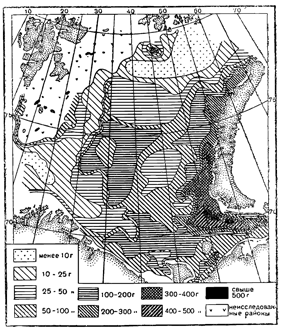 Рисунок 129. Количественное распределение донной фауны Баренцова моря.