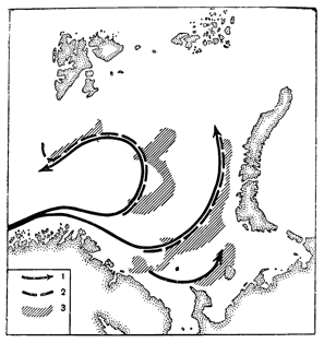 Рисунок 130. Линии «полярного фронта» и распределение основных промысловых районов Баренцова моря: 1 — основные направления течений; 2 — зоны полярного фронта; 3 — зоны повышенной биомассы бентоса и кормовых скоплений промысловых рыб.