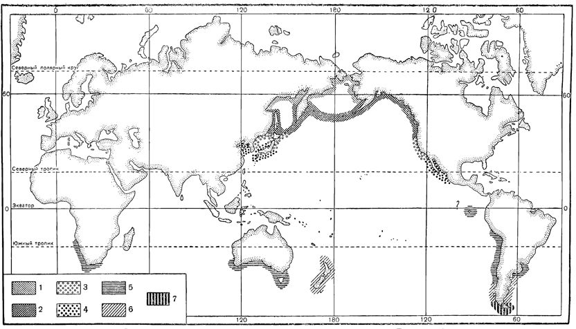Рисунок 134. Фитогеографическое районирование Тихого океана (по Т. Щаповой): 1 — северяобореалъная подобласть; 2 — верхнеумеренно-бореальная; 3 — нижнеумереетно-бореальная; 4 — южнобореальная; 5, 6 и 7 — зустральная.