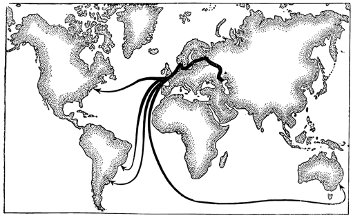 Рисунок 178. Пути расселения кордилофоры из Каспийского моря через речные системы и Балтийское море по всему земному шару.