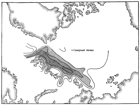 Рисунок 183. Проникновение тёплого течения в Северный Ледовитый океан (по Б. Ширшову). Изотермы показаны на глубине 300 м.