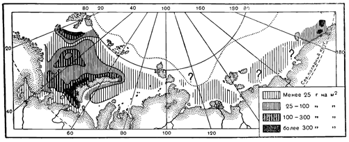 Рисунок 188. Распределение биомассы бентоса в наших северных морях.