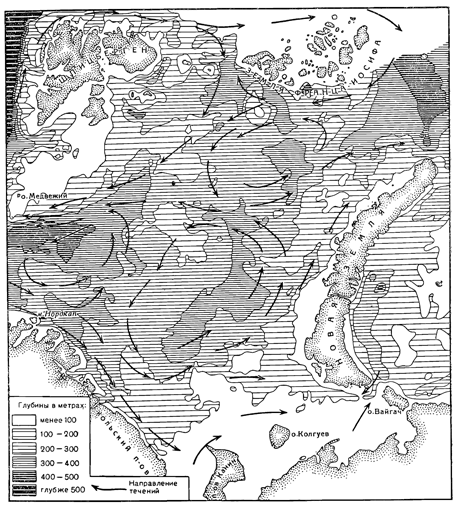 Рисунок 194. Глубины и течения Баренцова моря (по Н. Зубову и Г. Зайцеву): 1 — меньше 100; 2 — 100–200; 3 — 200–300; 4 — 300–400; 5 — 400–500; 6 — больше 500.