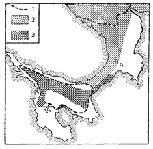 Рисунок 208. Распространение в Белом море ракообразного Calanus finmarchicus (1) и планктонных инфузорий Cyttarocyllis denticulata (2) и Tintinnopsis Campanula (3) (по Виркетис).