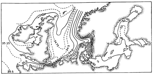 Рисунок 223. Поверхностная солёность Балтийского моря.