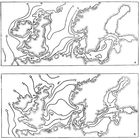 Рисунок 224. Зимняя (А) и летняя (Б) поверхностная температура Балтийского моря.