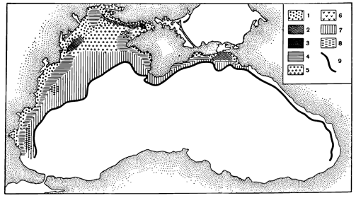 Рисунок 255. Распределение донных биоценозов Чёрного моря (по Зернову): 1 — биоценоз прибрежного песка и ила; 2 — биоценоз россыпей ракуши; 3 — заросли зостеры; 4 — мидиевый ил; 5 — филлофора; 6 — наносы мёртвой зостеры; 7 — фазеолиновый ил; 8 — теребеллидный ил; 9 — нижняя граница жизни.