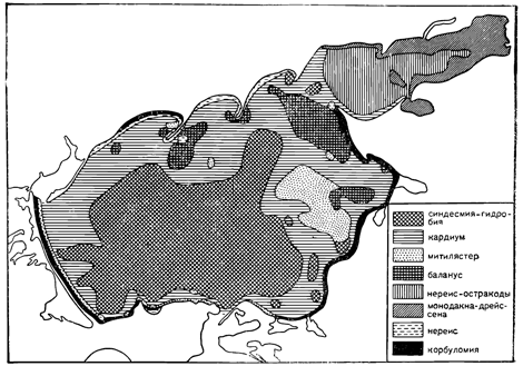 Рисунок 263. Биоценозы донной фауны Азовского моря (по Воробьёву).