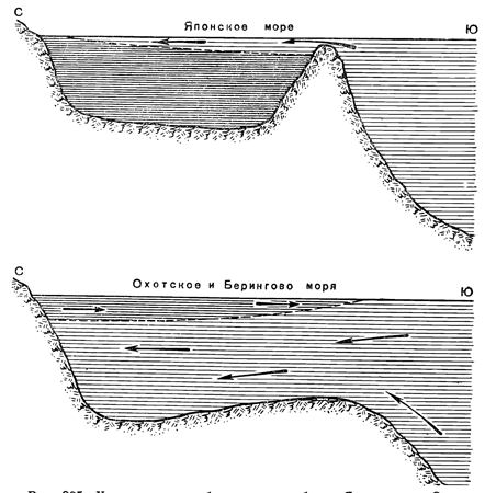 Рисунок 285. Характерные особенности водообмена Японского и Охотского морей с океаном. В Японское море с юга проникают тёплые поверхностные воды, в Охотское — глубинные тёплые воды через Курильские проливы.