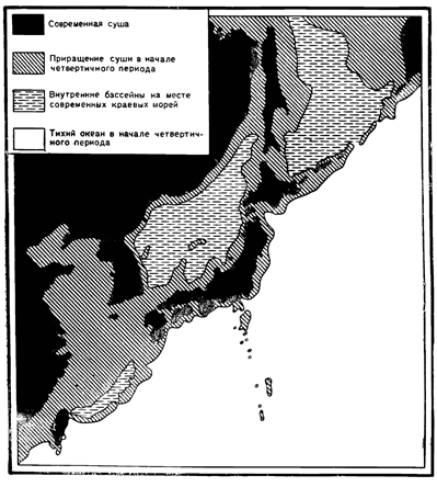Рисунок 287. Рельеф суши дальневосточных морей в начале четвертичного времени.