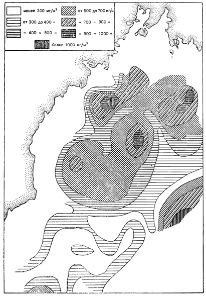 Рисунок 297. Горизонтальное распределение планктона в Японском море в мг/мг (по Кусморской).