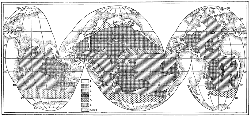 Рисунок 30. Грунты Мирового океана: 1 — терригенные осадки; 2 — красная глина; 3 — глобигериновый ил; 4 — птероподовый ил; 5 — радиоляриевый ил; 6 — диатомовый