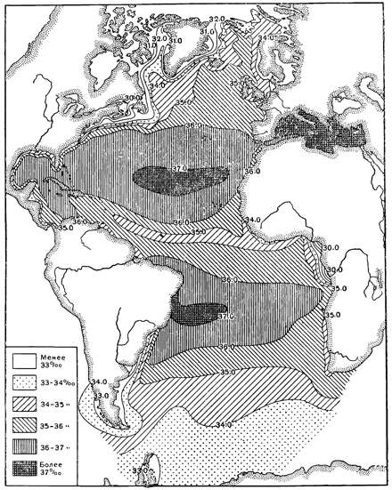 Рисунок 42. Распределение поверхностной солёности в Атлантическом океане.
