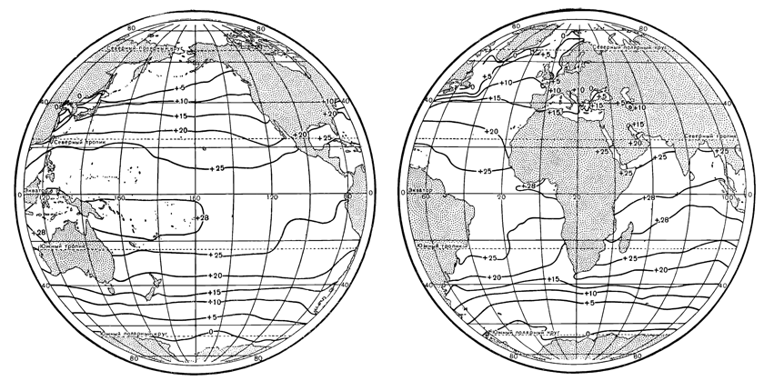 Рисунок 46. Распределение зимней температуры на поверхности океанов.