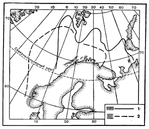 Рисунок 60. Районы миграций и места нереста баренцовоморской сельди: 1 — мурманской; 2 — норвежской.